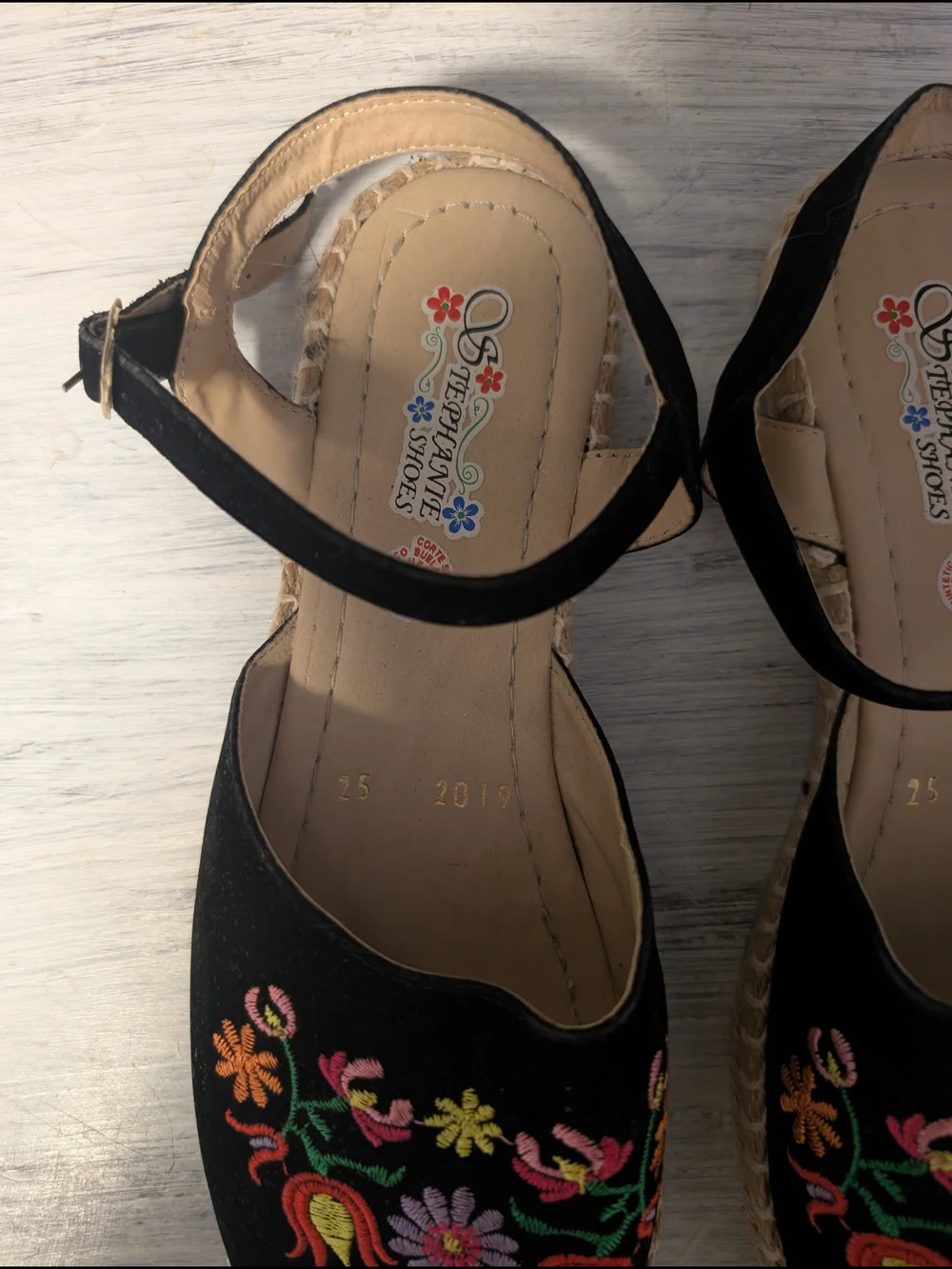 Black Embroidered Espadrille Flats with Ankle Strap